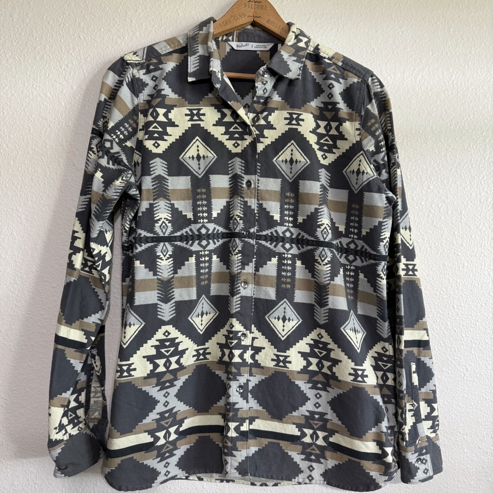 Woolrich Button-Up Shirt Womens Small Gray Native Keystone Aztec 100% Cotton vtg
